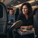 Woman sitting on airplane looking annoyed with feet up on tray table while man uses phone in seat behind her