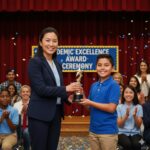 A smiling woman in a blue suit presents a golden star trophy to a happy young boy in a blue polo shirt at a school awards ceremony with confetti falling and students clapping in the background.