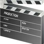 A movie clapperboard with black and white stripes and sections labeled production, scene, take, camera, date, and director