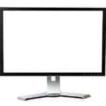 A computer monitor with a white screen and black border sitting on a silver curved stand