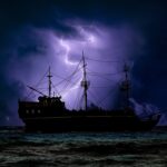 A large sailing ship with tall masts silhouetted against purple storm clouds with bright lightning bolts flashing overhead at sea