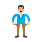 A cartoon man with brown hair and facial hair looking worried, wearing a blue shirt and brown pants, pulling out empty pockets
