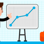 A businessman in a suit and red tie points to a whiteboard showing an upward trending graph with blue dots and lines