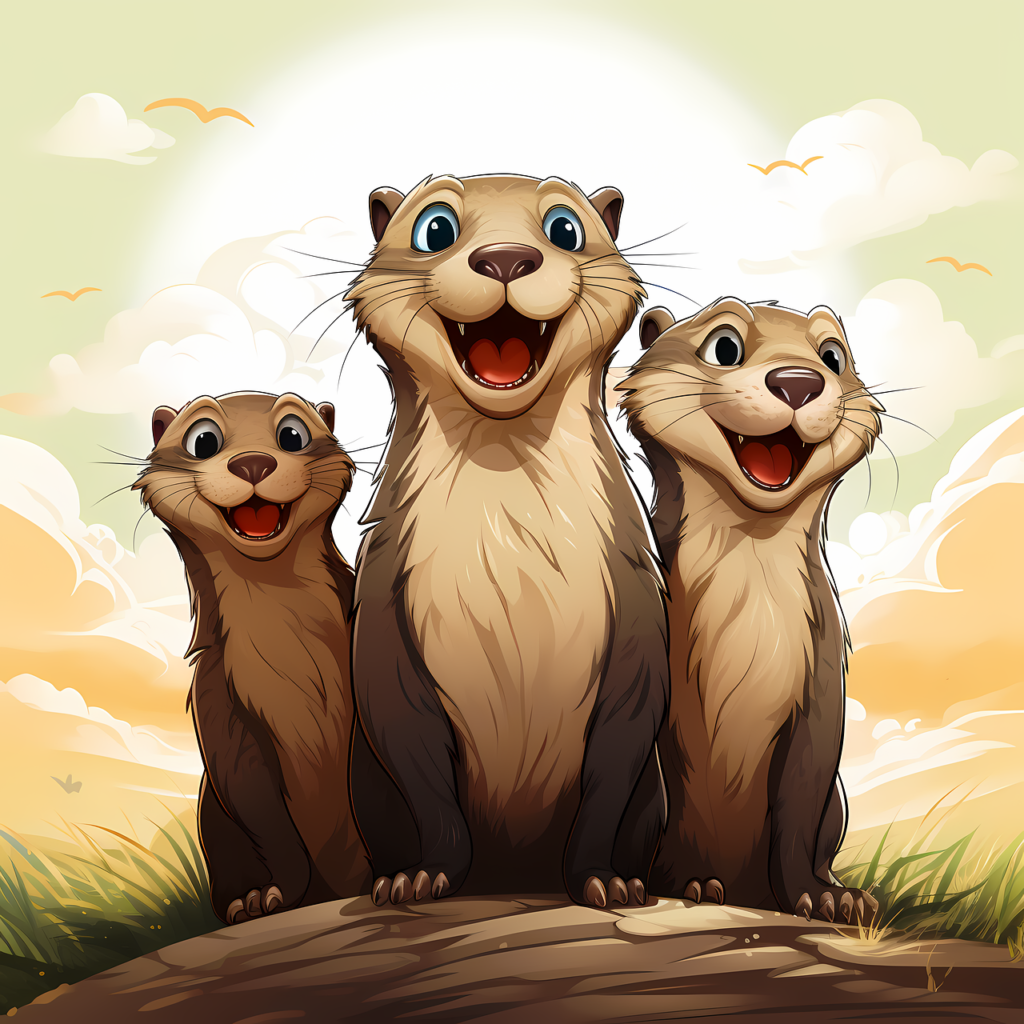 Three happy cartoon otters with big smiles sitting together on a log with fluffy clouds and birds in the sky behind them