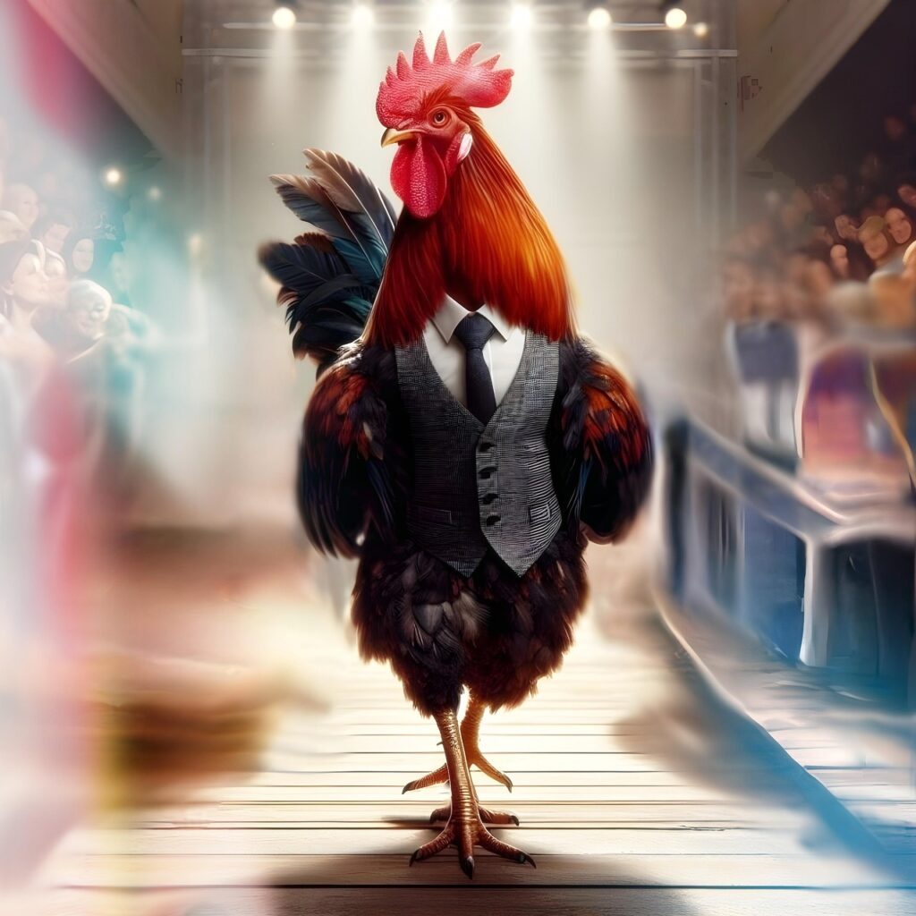 A rooster wearing a fancy gray suit and tie stands upright like a person in a bright hallway with blurred people walking by