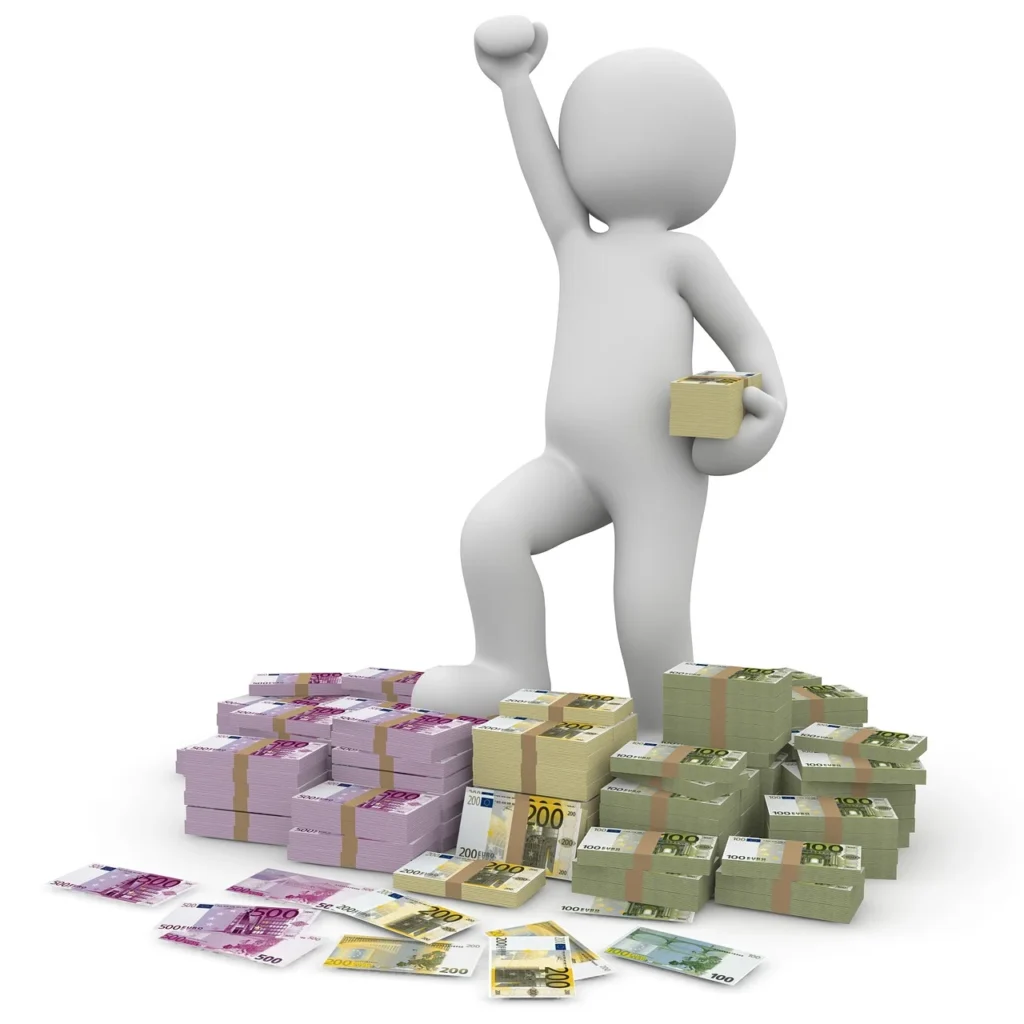A white figure person stands on piles of colorful Euro money bills with one fist raised up in celebration, holding cash