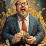 A happy businessman in glasses and suit laughing with joy while holding money, surrounded by flying dollar bills
