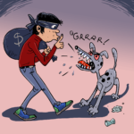 A cartoon burglar with a money bag sneaks away from an angry growling dog with sharp teeth and red eyes