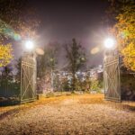 Open metal gates leading to a path covered in fallen autumn leaves, with bright streetlights and golden trees at night