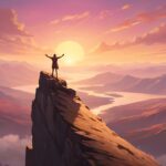 A person stands with arms raised on a tall rocky cliff, celebrating as the sun sets over purple and pink mountains below.