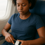 A woman sits in an airplane seat looking at her smartwatch while traveling