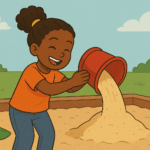 A smiling girl with dark hair in a bun pours sand from a red bucket in a sandbox, with a shovel and yellow sand castle nearby.