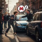 A woman in a business suit argues with a man in a car on a city street, with a speech bubble showing a crossed-out car symbol.