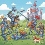 Cartoon knights in blue armor having a playful battle near a castle, with children watching, a dog, and one knight saying "POOF!"