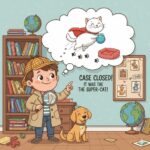 A young detective in a coat and cap points to a thought bubble showing a superhero cat, with text saying "Case Closed! It was the super-cat!"