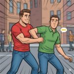 Two men on a city street, one in red shirt nudging the other in green shirt with his elbow in a friendly way