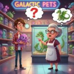 A boy holds a purple alien pet while a shop owner points at a green dragon in a glass tank at the Galactic Pets store
