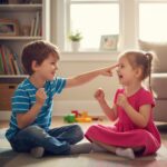 Two happy children sitting cross-legged on the floor playing together, with the boy gently touching the girl's nose while both smile and laugh