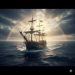 A large sailing ship with tall masts and white sails cuts through ocean waves under a stormy sky with a bright rainbow