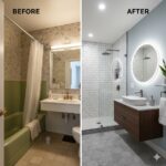 Before and after photos show an old bathroom with green tub and floral wallpaper transformed into a modern bathroom with white tiles and sleek fixtures