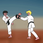 Two children in white karate uniforms practicing martial arts kicks together on a colorful background