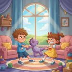 Two children pulling on opposite ends of a purple stuffed dinosaur toy in a colorful living room with pink chairs and toys scattered around