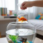A hand holding a plastic bag with a goldfish above a round fishbowl with plants and colorful stones inside
