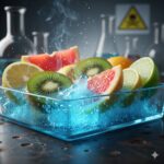 A clear glass dish filled with bubbling blue liquid contains colorful fruit slices including kiwi, grapefruit, orange, lemon and lime in a science lab setting