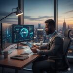 A man in a business suit sits at a desk with computer screens showing charts and a globe, working in a city office at sunset.