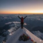 A mountain climber in red jacket celebrates on snowy peak with arms raised, surrounded by mountains and sunset sky