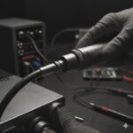 Hands holding a microphone and adjusting audio equipment with buttons and dials in a recording studio