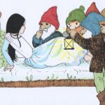 Snow White lies on a bed surrounded by seven dwarfs wearing colorful pointed hats and beards, looking at her with concern.