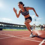 A female runner in gray Nike sports bra and black shorts sprints from starting blocks on a red track at a stadium