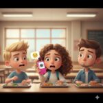 Three worried students sit at lunch tables in a classroom, with the middle student holding up a phone showing a sad face emoji.