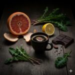 A black coffee mug surrounded by healthy foods on a wooden table: half a grapefruit, lemon, leafy greens, and dark chocolate