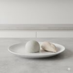 Two white dumplings on a round white plate sitting on a light gray table