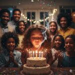 A young girl with curly hair blows out candles on a birthday cake while family and friends cheer in the background with confetti falling.