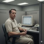 A man in beige clothing sits at a desk in a gray office cubicle, looking at a computer screen showing a spreadsheet.
