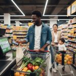 A smiling man pays for groceries with his phone while a woman and child with a cart full of oranges wait behind him in a store