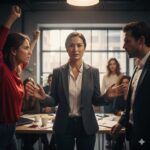 A woman in a business suit stands between two coworkers in an office, using hand gestures while talking during a meeting.