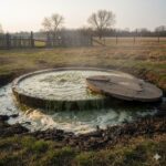 A round concrete water tank with a partial lid sits in a muddy farm field with wooden fences and bare trees in the background.