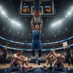A basketball player in blue uniform dunks while confetti falls, with scoreboard showing 107-42, as disappointed players in red sit on court