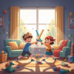 Two happy children playing with toy swords in a sunny living room filled with colorful toys, books, and a stuffed dragon