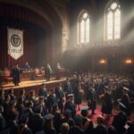 A graduation ceremony in a grand hall with students in caps and gowns receiving diplomas while families watch from seats above