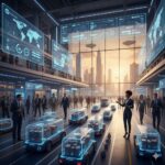 Futuristic warehouse with autonomous delivery trucks, holographic screens showing world maps and data, and business people in suits working together