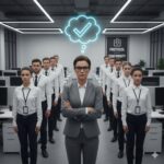 A woman in a gray suit stands confidently in front of office workers, with a glowing checkmark thought bubble above her head.