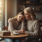 A mother and daughter in matching beige sweaters sit close together at a wooden table with books and a coffee cup, sharing a warm hug.