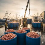 Fishermen in yellow rain gear unload barrels full of pink shrimp from boats at a busy dock during sunset