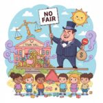 A cartoon showing unfairness: a wealthy man in a top hat on one side of a seesaw with coins and gifts, while sad children sit on the ground on the other side