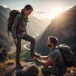 A man kneeling down to propose to a woman hiker on a mountain trail with sunny valley views in the background